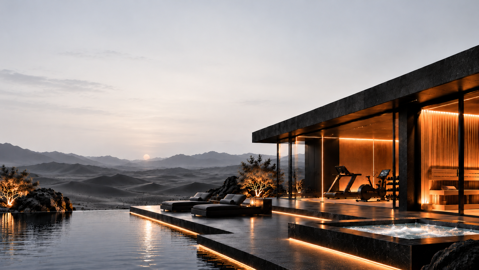 Mountain wellness pavilion with an infinity pool, lounge chairs, gym, sauna and spa illuminated by warm amber architectural lighting.